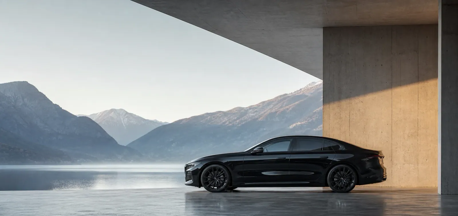 Černé BMW pod betonovou terasou s výhledem na horské jezero